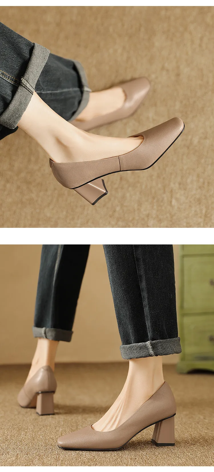 Spring/Summer Square Toe Chunky Heel High-Heeled Low-Cut Women's Fashion Shoes in Sheepskin, Black and Off-White