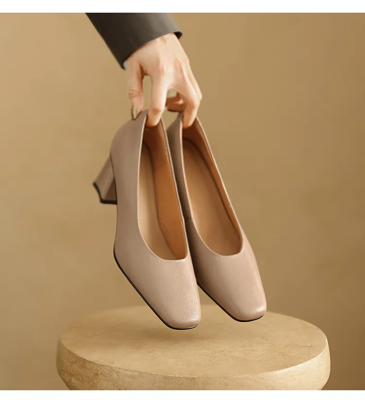 Spring/Summer Square Toe Chunky Heel High-Heeled Low-Cut Women's Fashion Shoes in Sheepskin, Black and Off-White