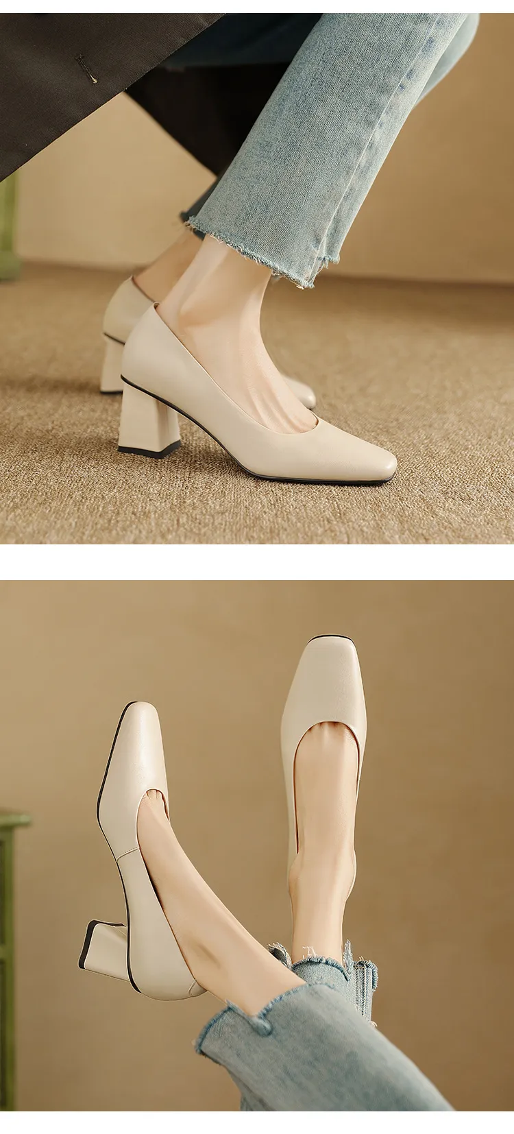 Spring/Summer Square Toe Chunky Heel High-Heeled Low-Cut Women's Fashion Shoes in Sheepskin, Black and Off-White
