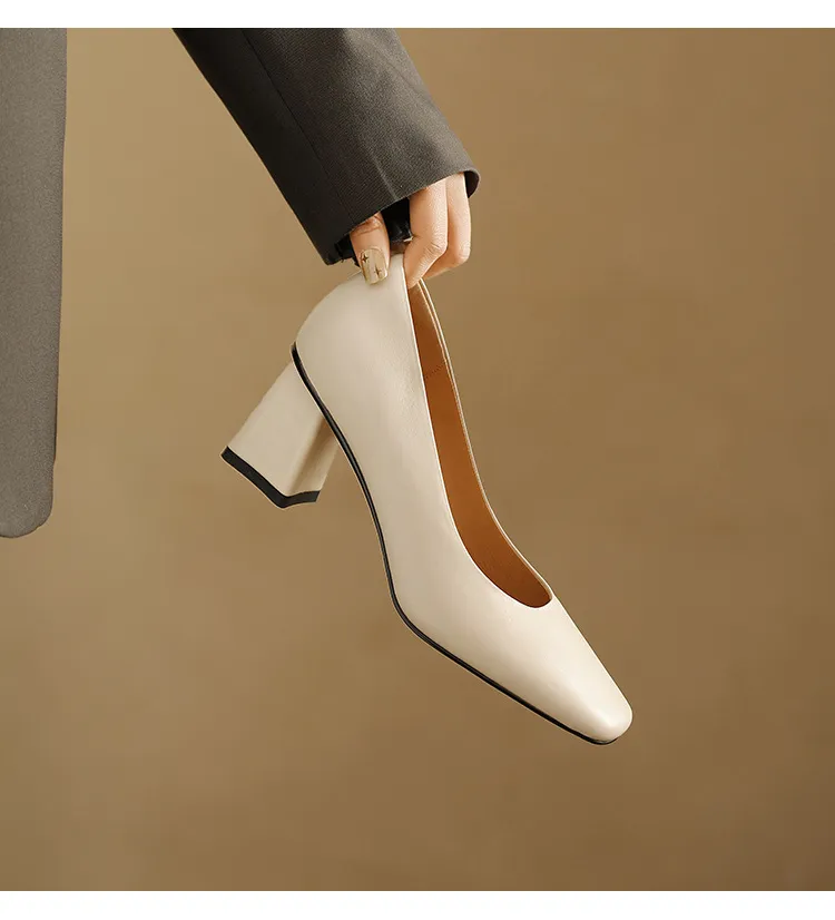 Spring/Summer Square Toe Chunky Heel High-Heeled Low-Cut Women's Fashion Shoes in Sheepskin, Black and Off-White