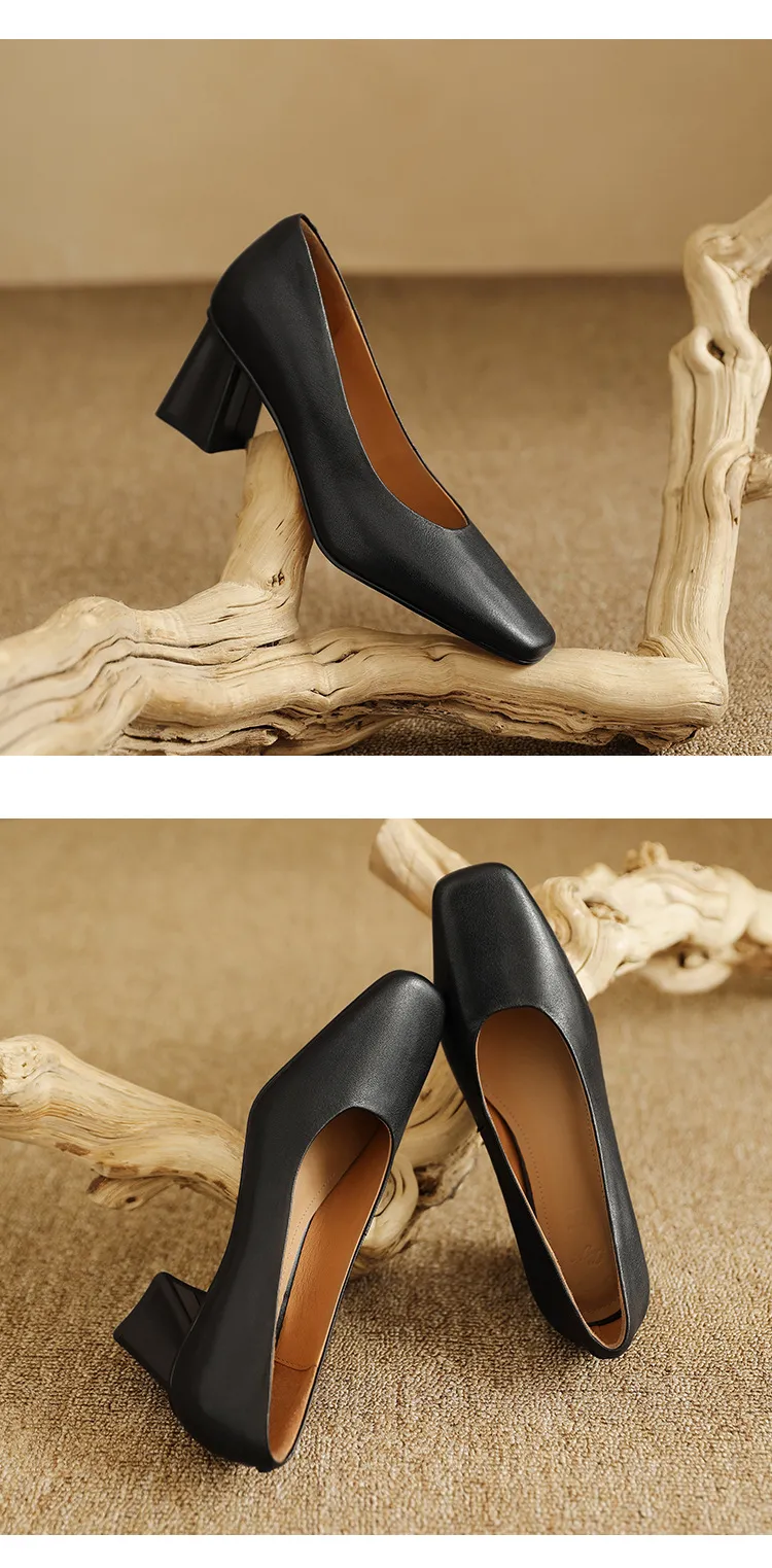 Spring/Summer Square Toe Chunky Heel High-Heeled Low-Cut Women's Fashion Shoes in Sheepskin, Black and Off-White