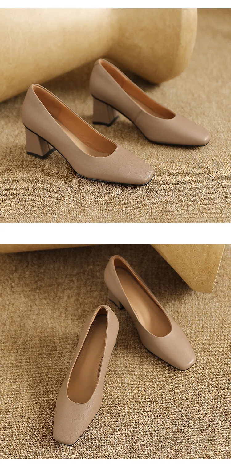 Spring/Summer Square Toe Chunky Heel High-Heeled Low-Cut Women's Fashion Shoes in Sheepskin, Black and Off-White