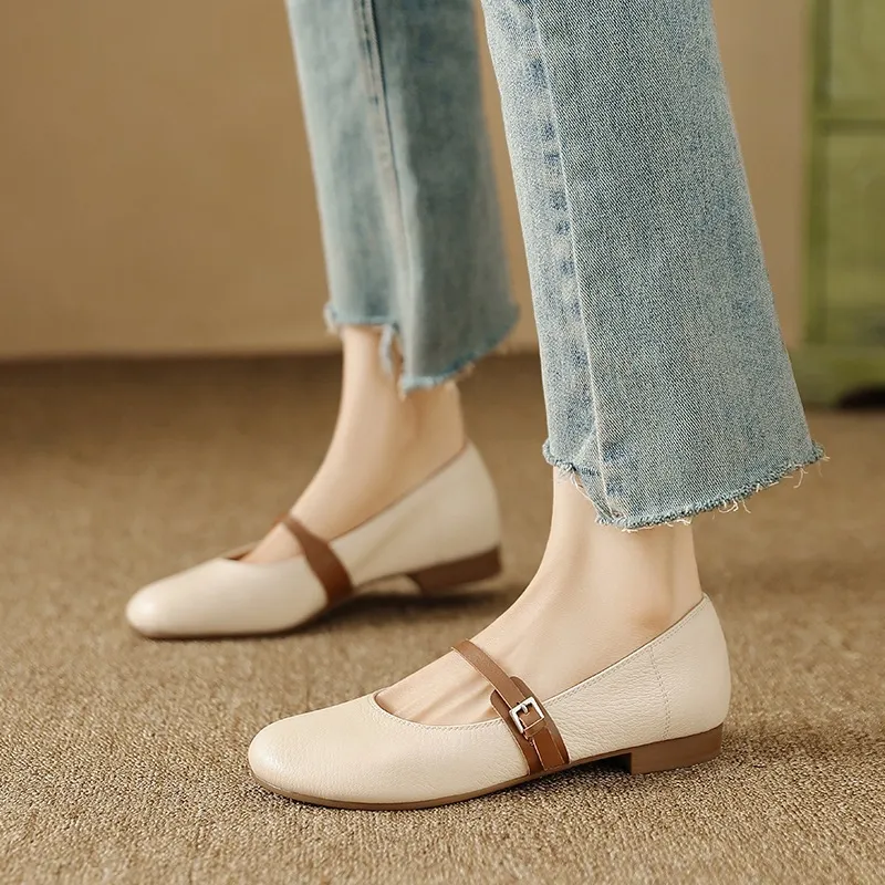 Spring/Summer Round Toe Flat Shoes, Sheepskin Color Block, Low Heel, Fashion Women's Shoes