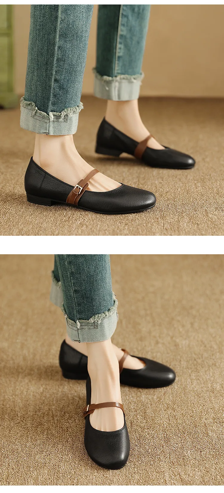 Spring/Summer Round Toe Flat Shoes, Sheepskin Color Block, Low Heel, Fashion Women's Shoes