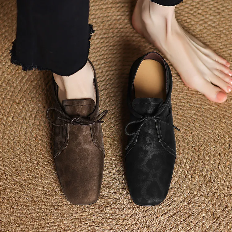 Spring and Autumn Chunky Heel Low Heel Square Toe Lace-up Comfortable Cowhide Women's Shoes Black Brown 22-15c
