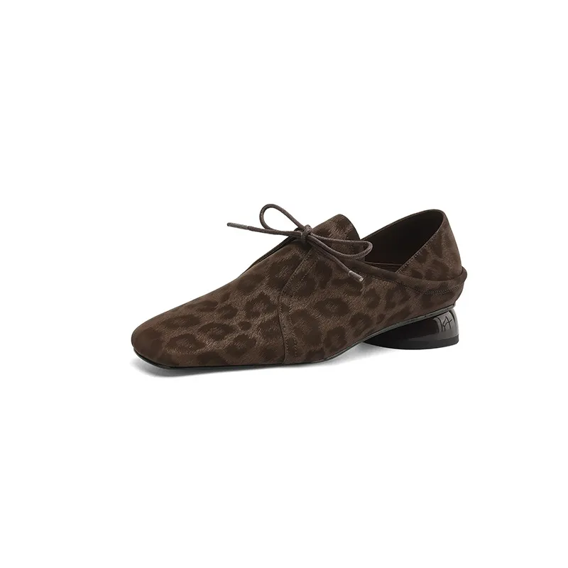 Spring and Autumn Chunky Heel Low Heel Square Toe Lace-up Comfortable Cowhide Women's Shoes Black Brown 22-15c