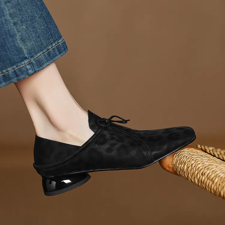 Spring and Autumn Chunky Heel Low Heel Square Toe Lace-up Comfortable Cowhide Women's Shoes Black Brown 22-15c