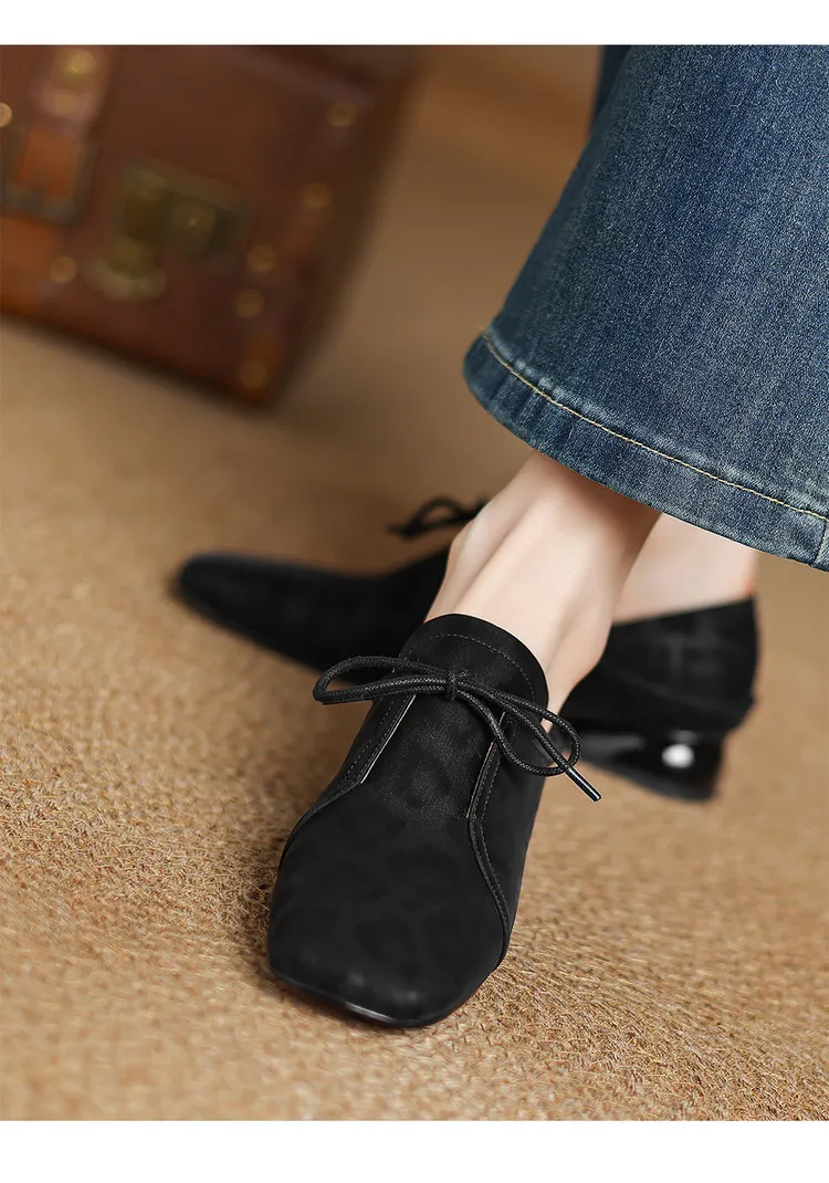 Spring and Autumn Chunky Heel Low Heel Square Toe Lace-up Comfortable Cowhide Women's Shoes Black Brown 22-15c