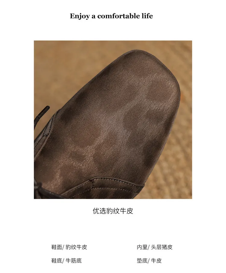 Spring and Autumn Chunky Heel Low Heel Square Toe Lace-up Comfortable Cowhide Women's Shoes Black Brown 22-15c