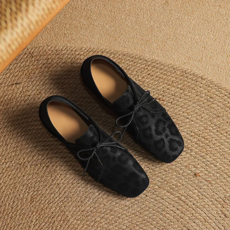 Spring and Autumn Chunky Heel Low Heel Square Toe Lace-up Comfortable Cowhide Women's Shoes Black Brown 22-15c
