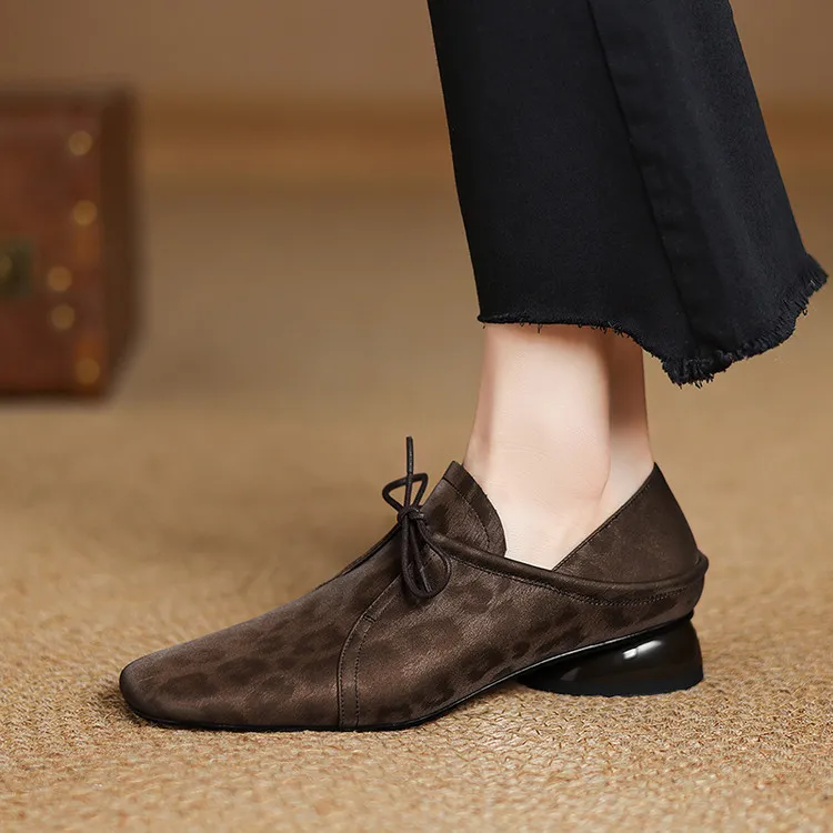 Spring and Autumn Chunky Heel Low Heel Square Toe Lace-up Comfortable Cowhide Women's Shoes Black Brown 22-15c