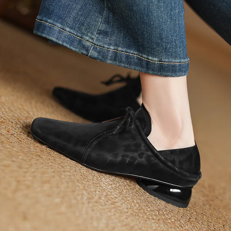 Spring and Autumn Chunky Heel Low Heel Square Toe Lace-up Comfortable Cowhide Women's Shoes Black Brown 22-15c