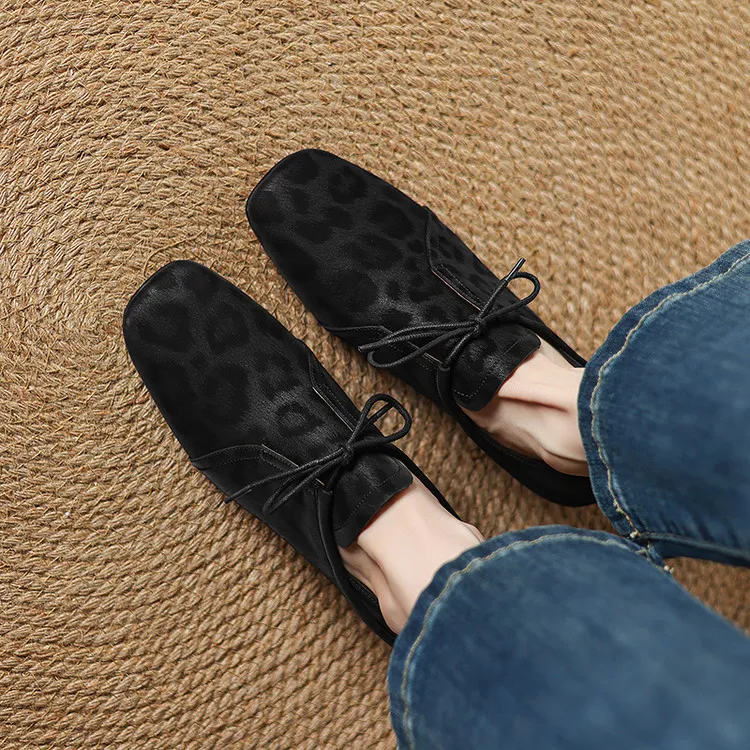 Spring and Autumn Chunky Heel Low Heel Square Toe Lace-up Comfortable Cowhide Women's Shoes Black Brown 22-15c