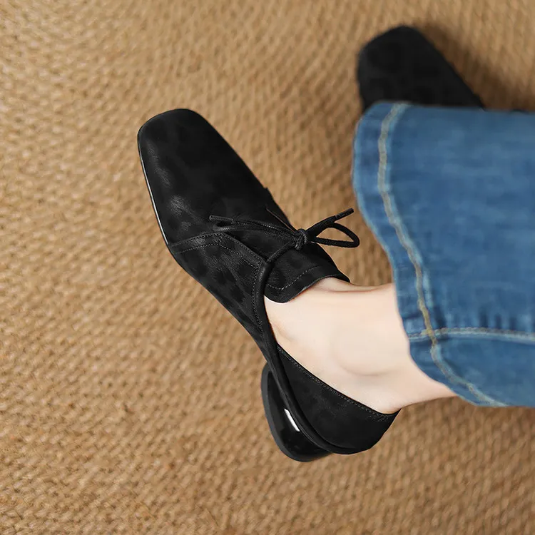 Spring and Autumn Chunky Heel Low Heel Square Toe Lace-up Comfortable Cowhide Women's Shoes Black Brown 22-15c