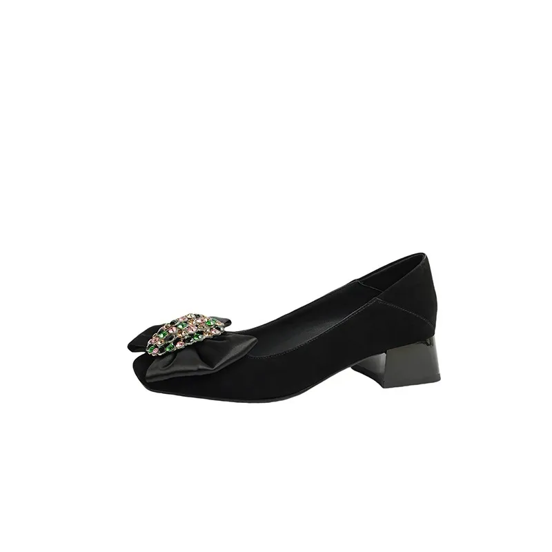 Women's spring fashion shoes, sheepskin, low-cut, square-toe, chunky heel, with bow.