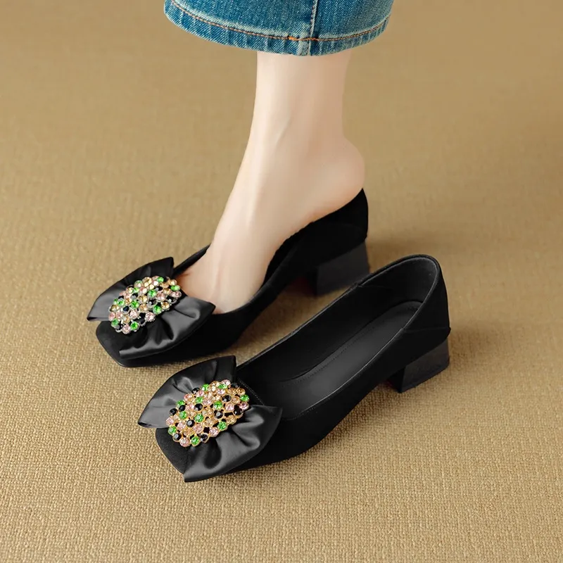 Women's spring fashion shoes, sheepskin, low-cut, square-toe, chunky heel, with bow.