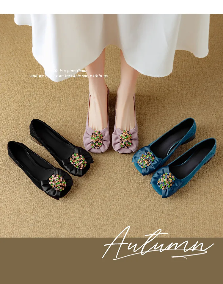 Women's spring fashion shoes, sheepskin, low-cut, square-toe, chunky heel, with bow.