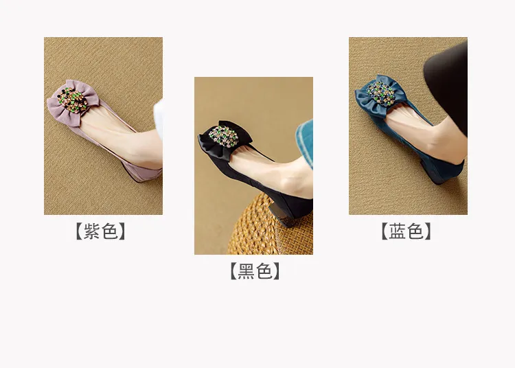 Women's spring fashion shoes, sheepskin, low-cut, square-toe, chunky heel, with bow.