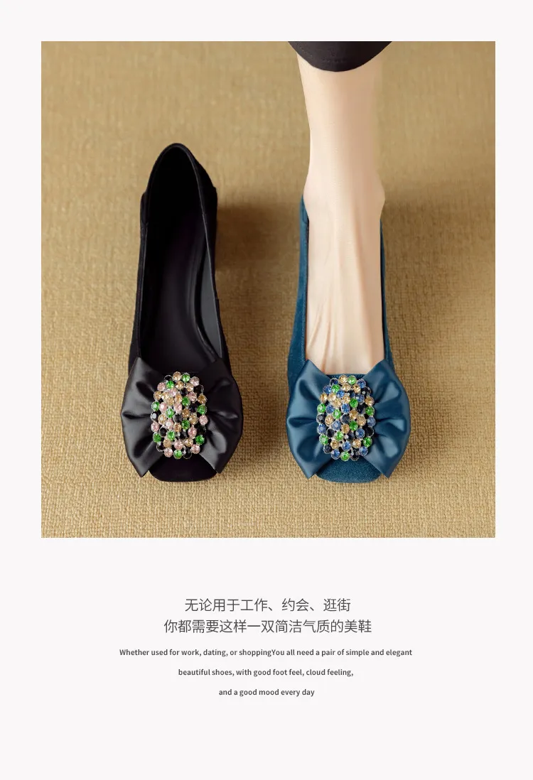 Women's spring fashion shoes, sheepskin, low-cut, square-toe, chunky heel, with bow.