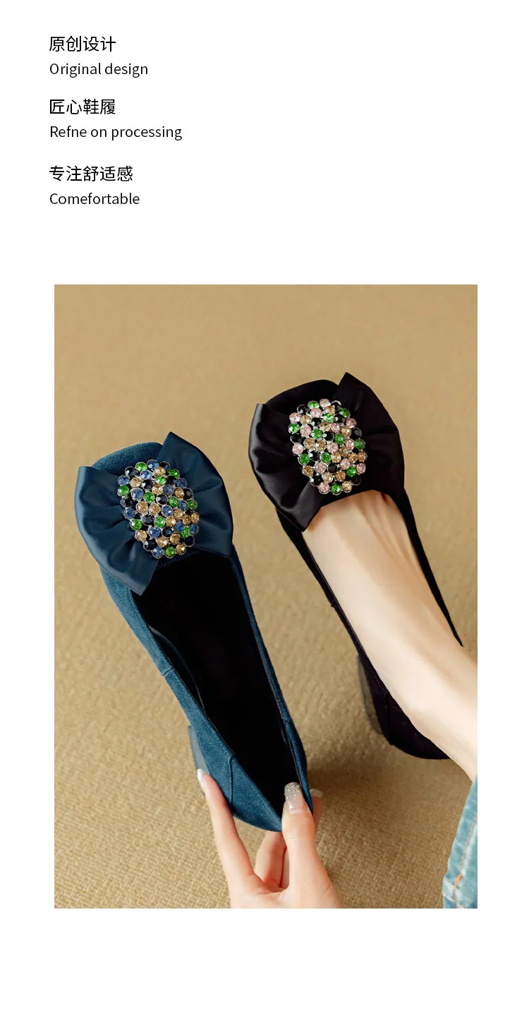Women's spring fashion shoes, sheepskin, low-cut, square-toe, chunky heel, with bow.