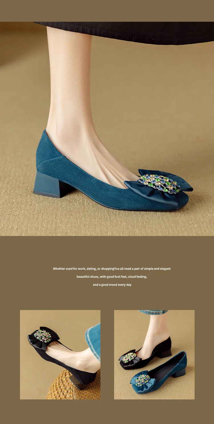 Women's spring fashion shoes, sheepskin, low-cut, square-toe, chunky heel, with bow.