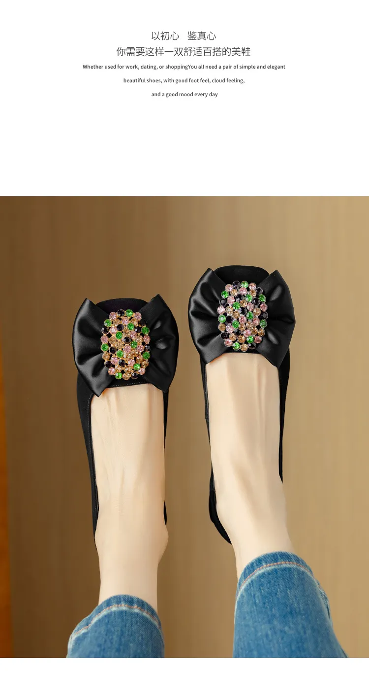 Women's spring fashion shoes, sheepskin, low-cut, square-toe, chunky heel, with bow.