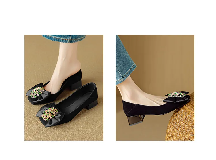 Women's spring fashion shoes, sheepskin, low-cut, square-toe, chunky heel, with bow.