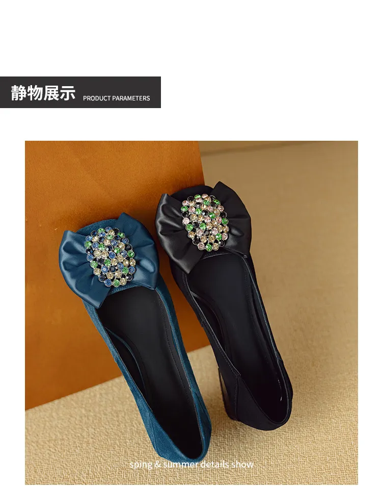 Women's spring fashion shoes, sheepskin, low-cut, square-toe, chunky heel, with bow.