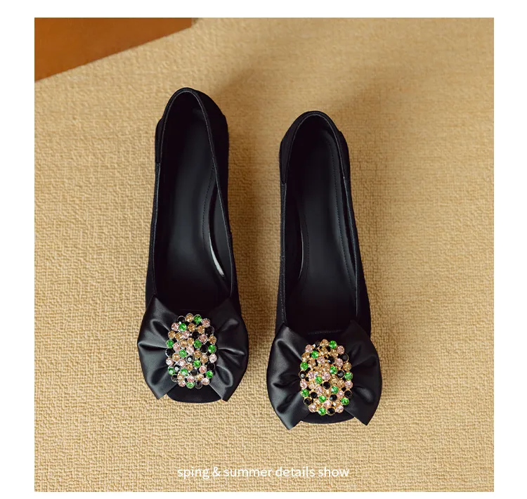 Women's spring fashion shoes, sheepskin, low-cut, square-toe, chunky heel, with bow.