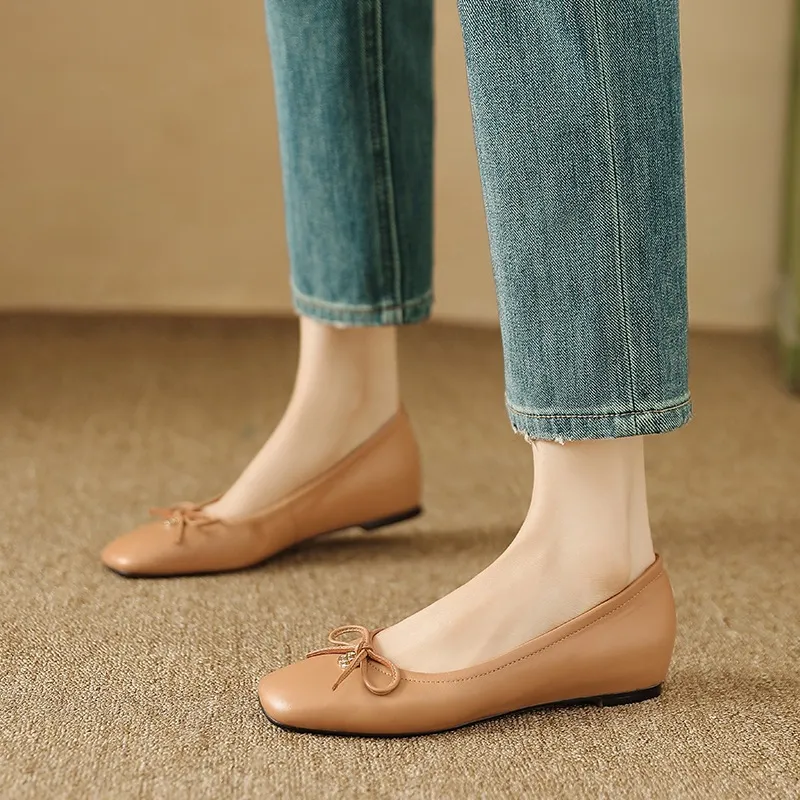 Spring/Summer Square-Toe Flats with Bow Knot, Low-Cut Wedge Heel, Sheepskin Women's Shoes, Lightweight and Soft Oversized Shoes