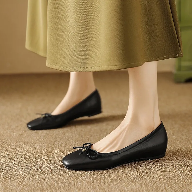 Spring/Summer Square-Toe Flats with Bow Knot, Low-Cut Wedge Heel, Sheepskin Women's Shoes, Lightweight and Soft Oversized Shoes