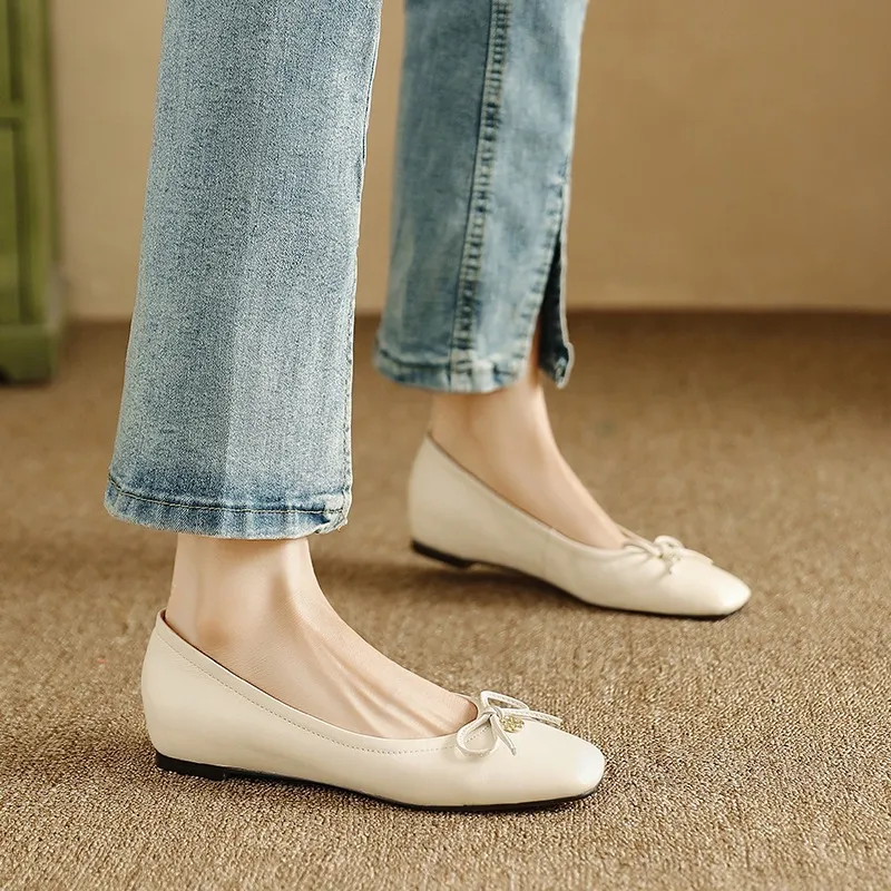 Spring/Summer Square-Toe Flats with Bow Knot, Low-Cut Wedge Heel, Sheepskin Women's Shoes, Lightweight and Soft Oversized Shoes