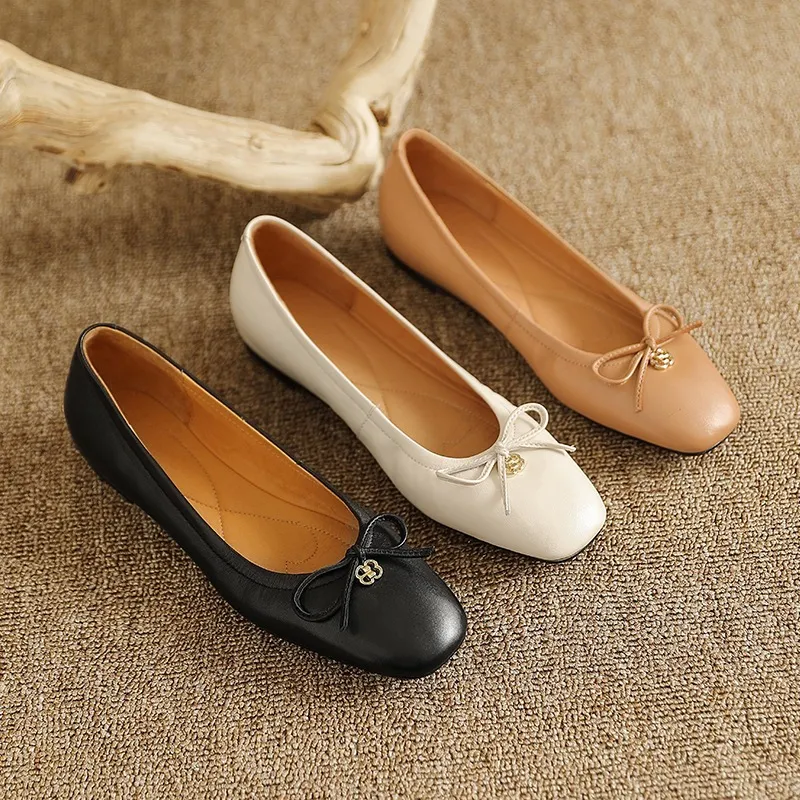 Spring/Summer Square-Toe Flats with Bow Knot, Low-Cut Wedge Heel, Sheepskin Women's Shoes, Lightweight and Soft Oversized Shoes