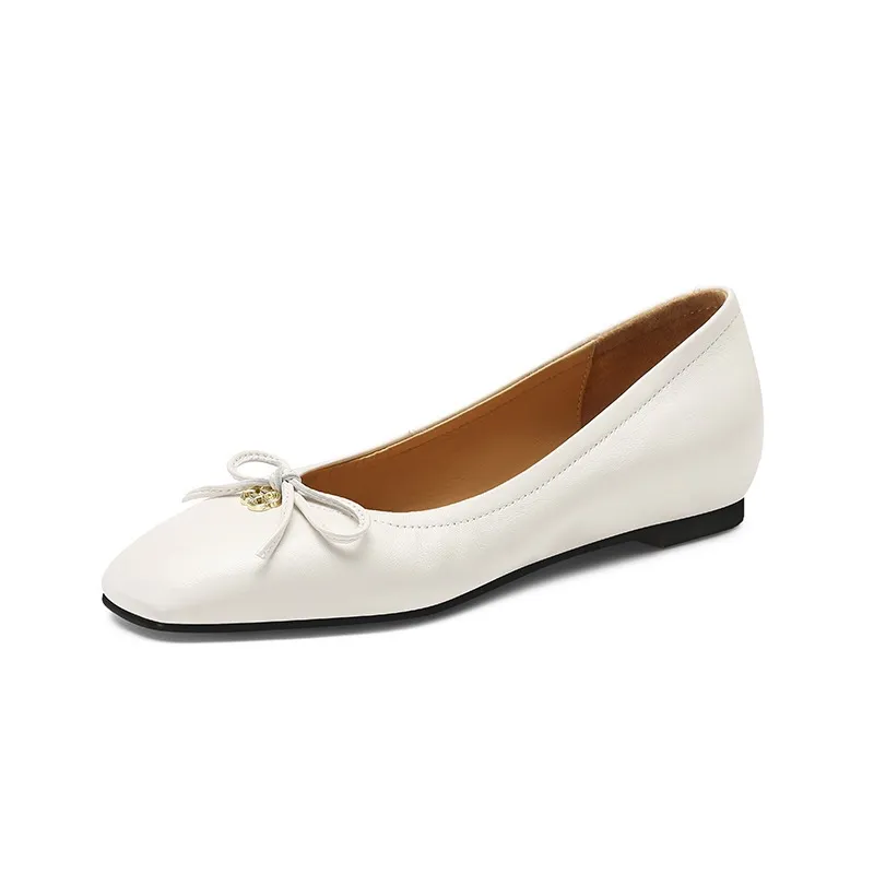 Spring/Summer Square-Toe Flats with Bow Knot, Low-Cut Wedge Heel, Sheepskin Women's Shoes, Lightweight and Soft Oversized Shoes