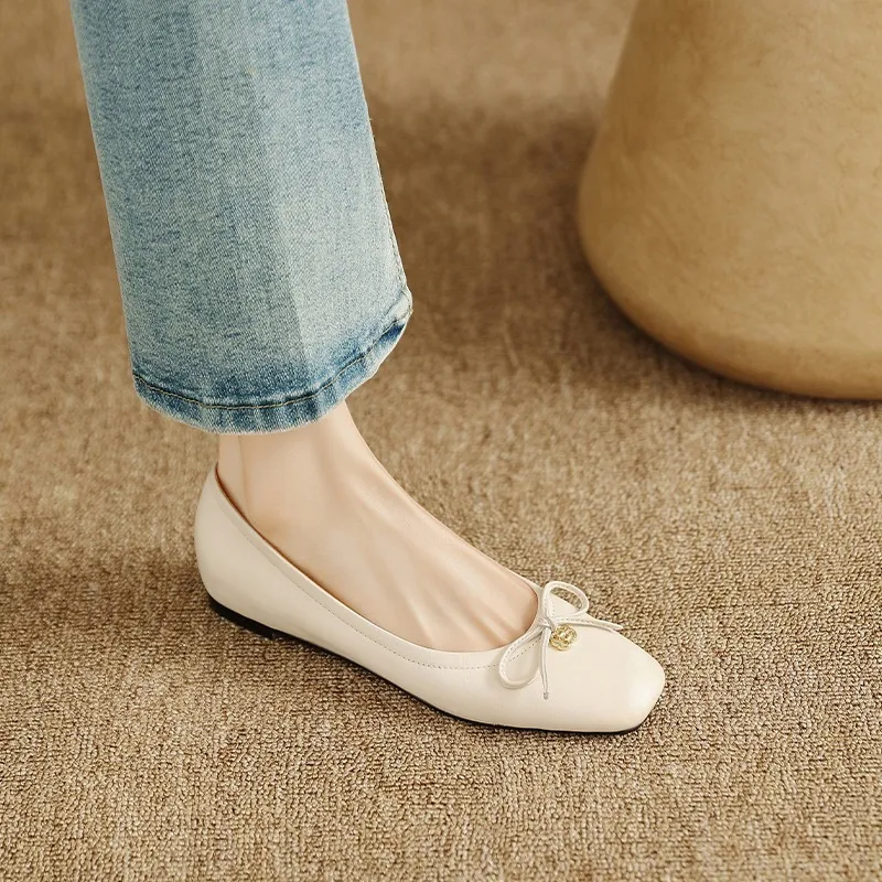 Spring/Summer Square-Toe Flats with Bow Knot, Low-Cut Wedge Heel, Sheepskin Women's Shoes, Lightweight and Soft Oversized Shoes