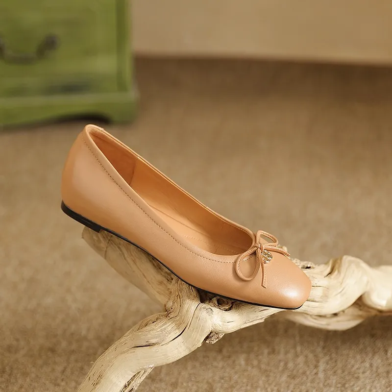 Spring/Summer Square-Toe Flats with Bow Knot, Low-Cut Wedge Heel, Sheepskin Women's Shoes, Lightweight and Soft Oversized Shoes