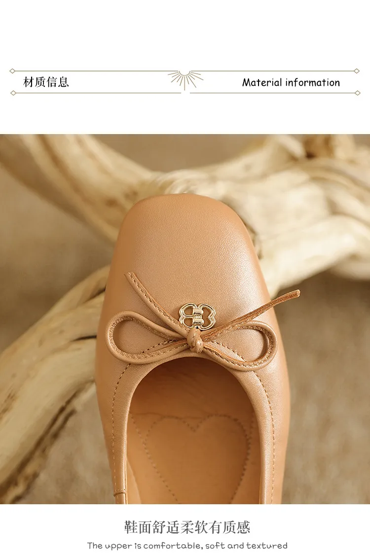 Spring/Summer Square-Toe Flats with Bow Knot, Low-Cut Wedge Heel, Sheepskin Women's Shoes, Lightweight and Soft Oversized Shoes