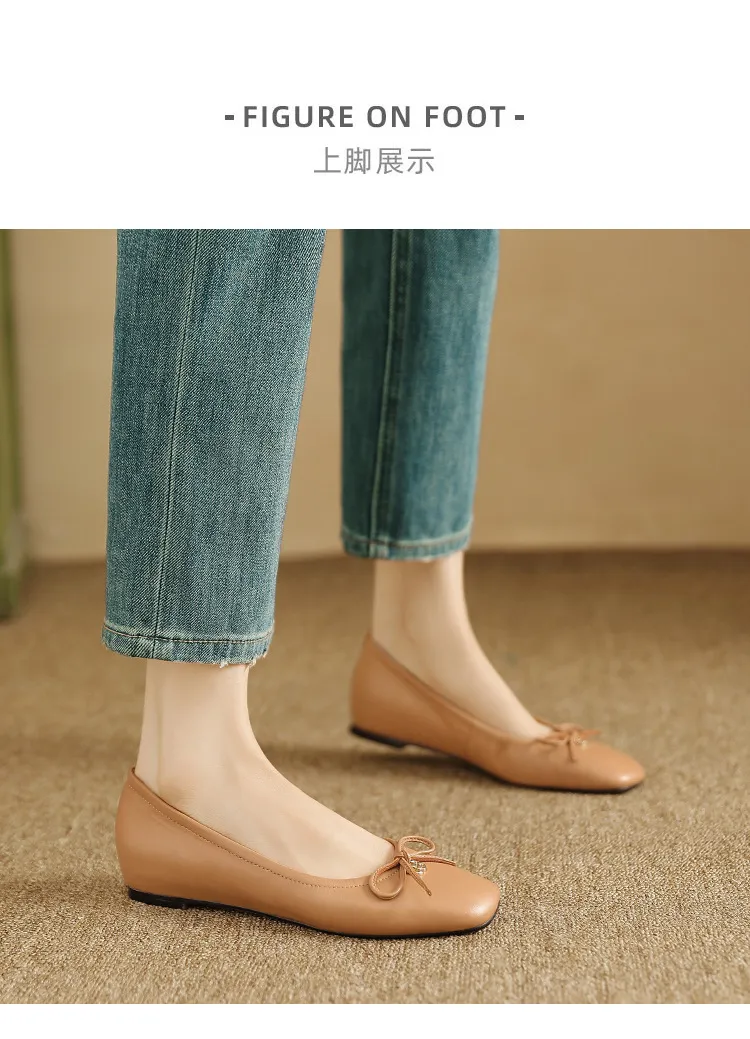 Spring/Summer Square-Toe Flats with Bow Knot, Low-Cut Wedge Heel, Sheepskin Women's Shoes, Lightweight and Soft Oversized Shoes