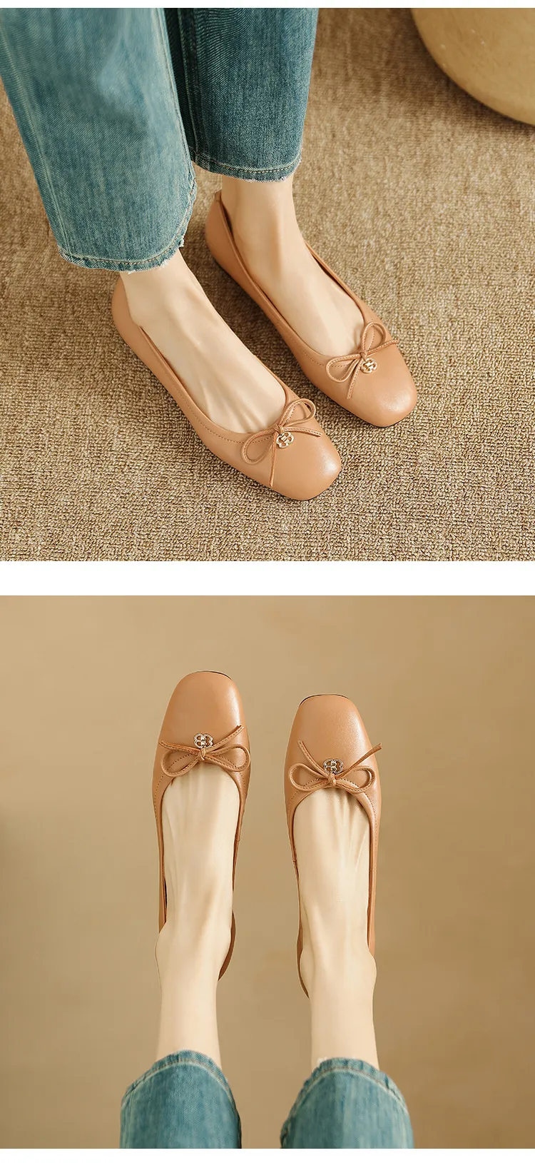 Spring/Summer Square-Toe Flats with Bow Knot, Low-Cut Wedge Heel, Sheepskin Women's Shoes, Lightweight and Soft Oversized Shoes