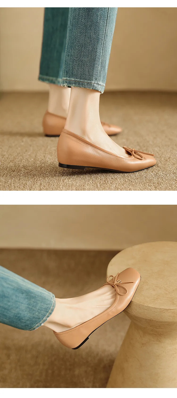 Spring/Summer Square-Toe Flats with Bow Knot, Low-Cut Wedge Heel, Sheepskin Women's Shoes, Lightweight and Soft Oversized Shoes