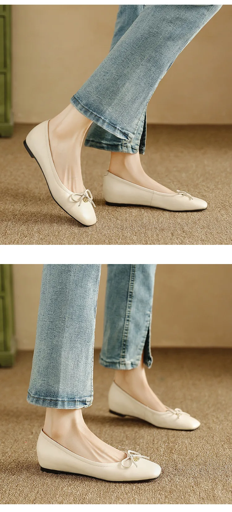 Spring/Summer Square-Toe Flats with Bow Knot, Low-Cut Wedge Heel, Sheepskin Women's Shoes, Lightweight and Soft Oversized Shoes