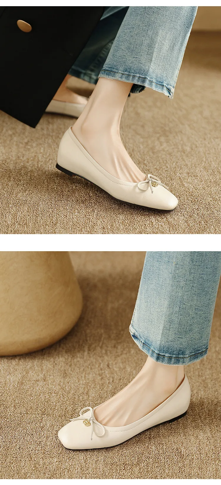 Spring/Summer Square-Toe Flats with Bow Knot, Low-Cut Wedge Heel, Sheepskin Women's Shoes, Lightweight and Soft Oversized Shoes