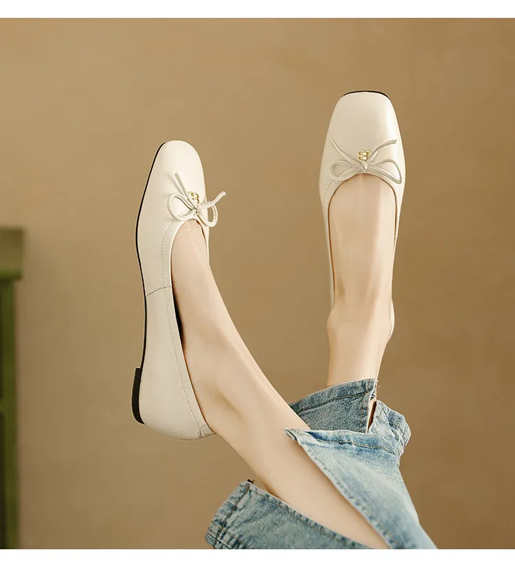 Spring/Summer Square-Toe Flats with Bow Knot, Low-Cut Wedge Heel, Sheepskin Women's Shoes, Lightweight and Soft Oversized Shoes