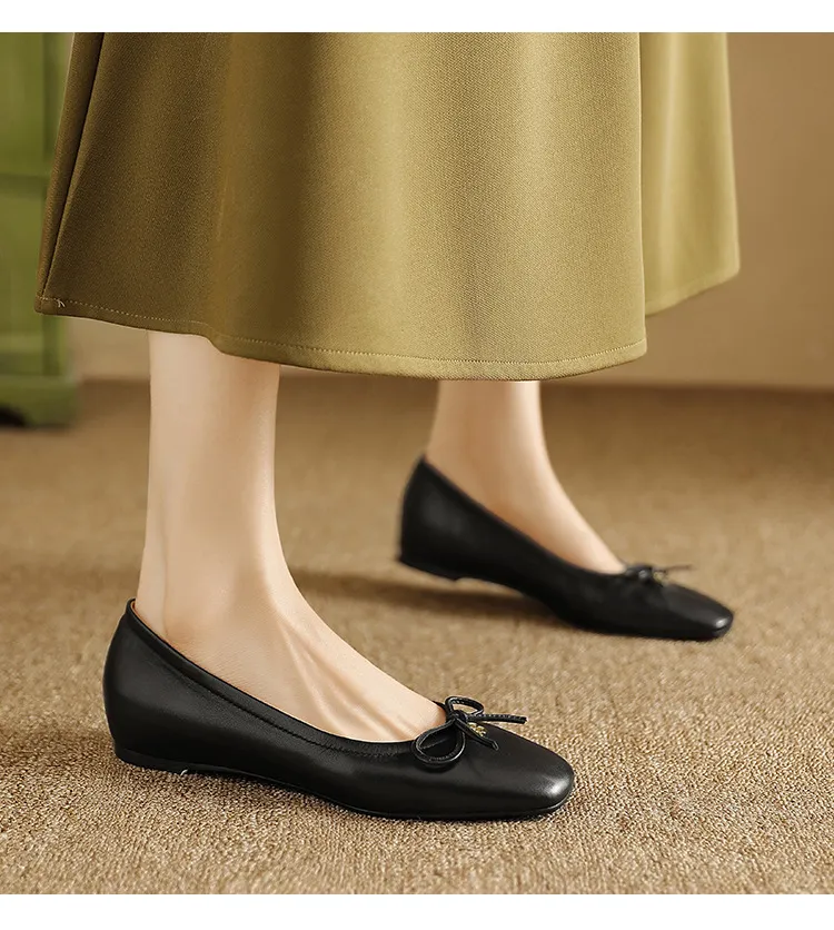 Spring/Summer Square-Toe Flats with Bow Knot, Low-Cut Wedge Heel, Sheepskin Women's Shoes, Lightweight and Soft Oversized Shoes