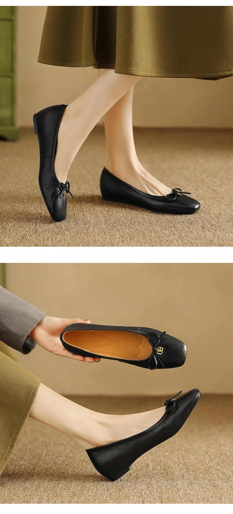 Spring/Summer Square-Toe Flats with Bow Knot, Low-Cut Wedge Heel, Sheepskin Women's Shoes, Lightweight and Soft Oversized Shoes