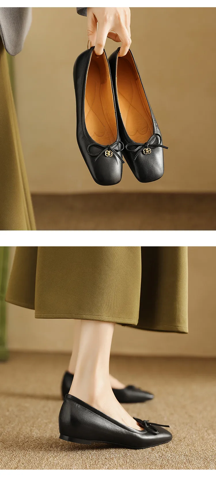 Spring/Summer Square-Toe Flats with Bow Knot, Low-Cut Wedge Heel, Sheepskin Women's Shoes, Lightweight and Soft Oversized Shoes
