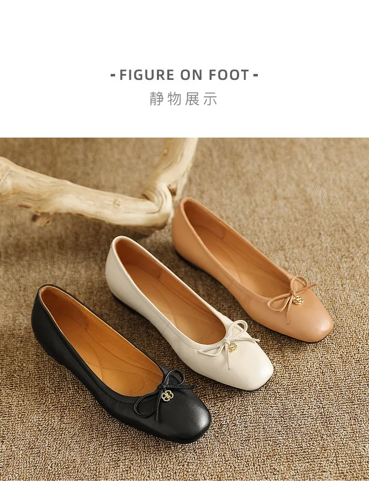 Spring/Summer Square-Toe Flats with Bow Knot, Low-Cut Wedge Heel, Sheepskin Women's Shoes, Lightweight and Soft Oversized Shoes