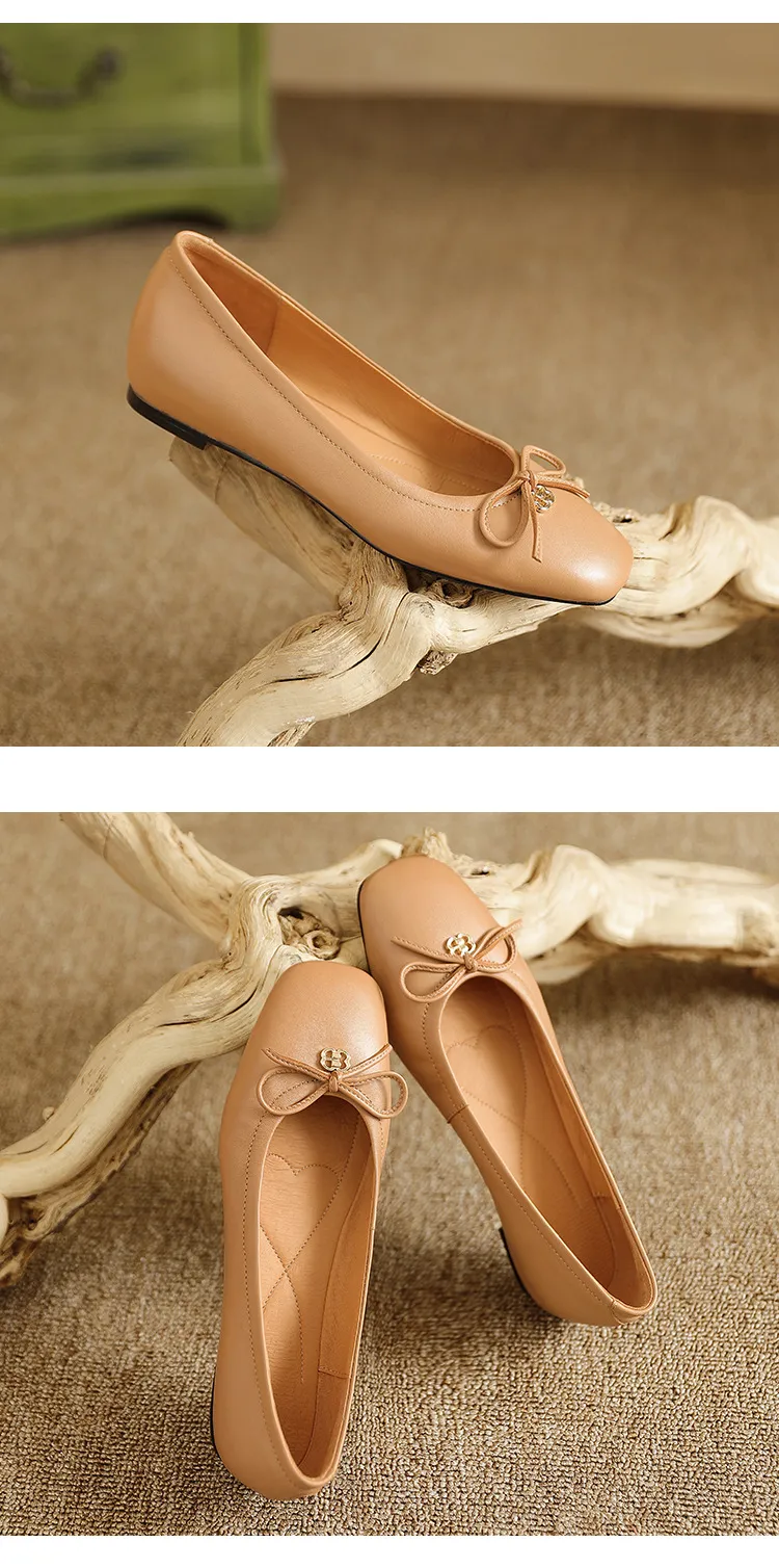 Spring/Summer Square-Toe Flats with Bow Knot, Low-Cut Wedge Heel, Sheepskin Women's Shoes, Lightweight and Soft Oversized Shoes