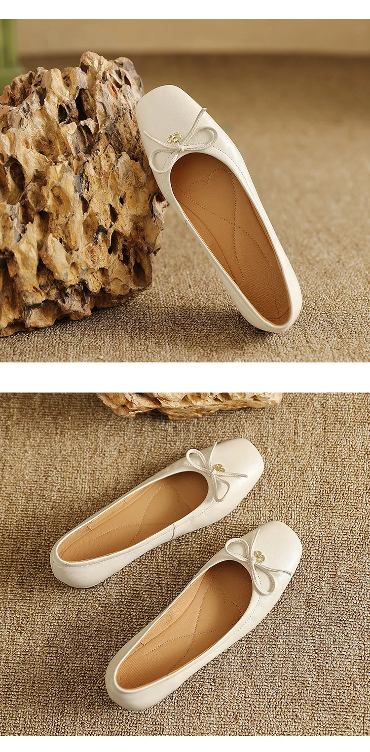 Spring/Summer Square-Toe Flats with Bow Knot, Low-Cut Wedge Heel, Sheepskin Women's Shoes, Lightweight and Soft Oversized Shoes