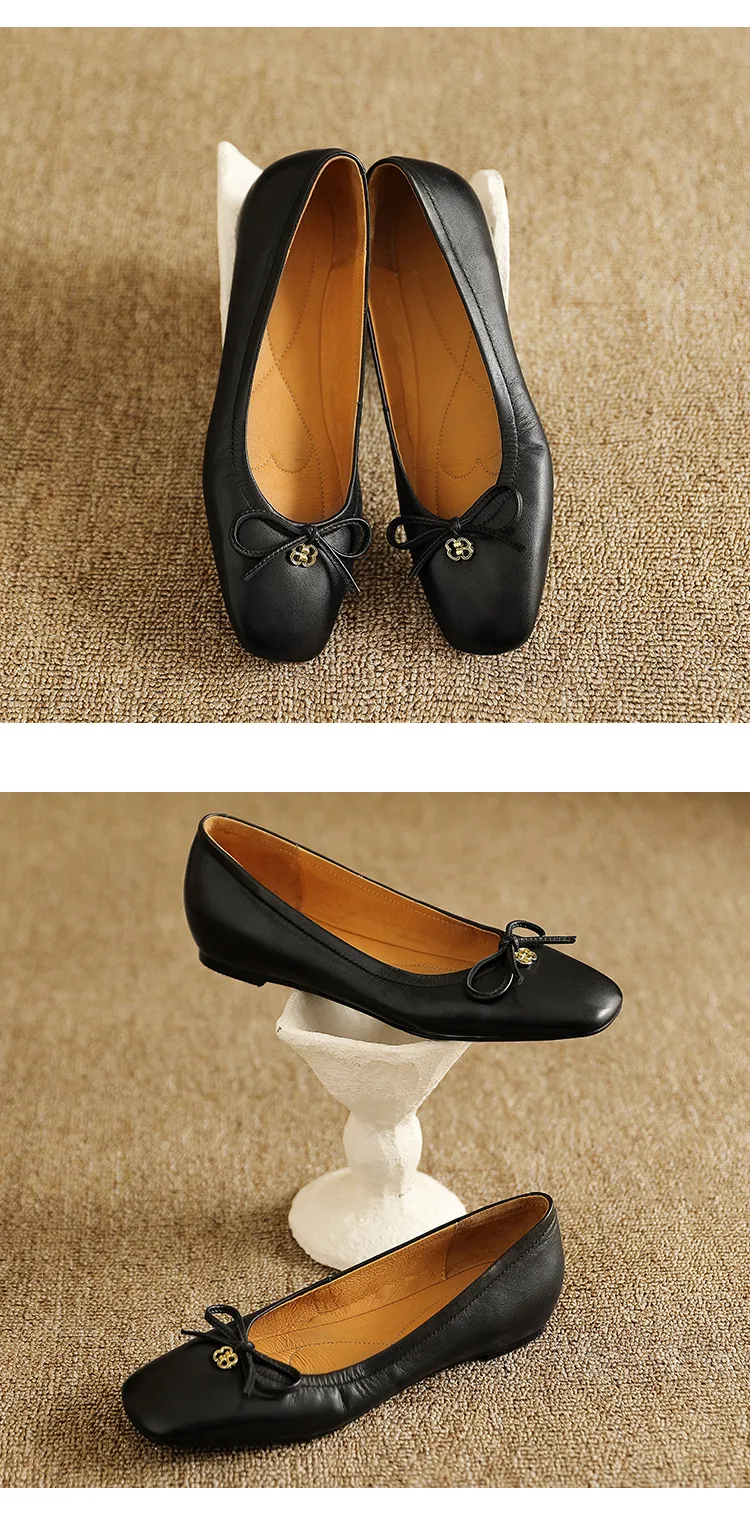 Spring/Summer Square-Toe Flats with Bow Knot, Low-Cut Wedge Heel, Sheepskin Women's Shoes, Lightweight and Soft Oversized Shoes